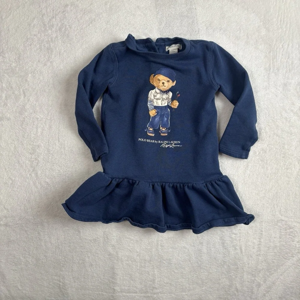 Ralph Lauren Polo Bear‎ Blue Long Sleeve Dress Infant Size 24 Months